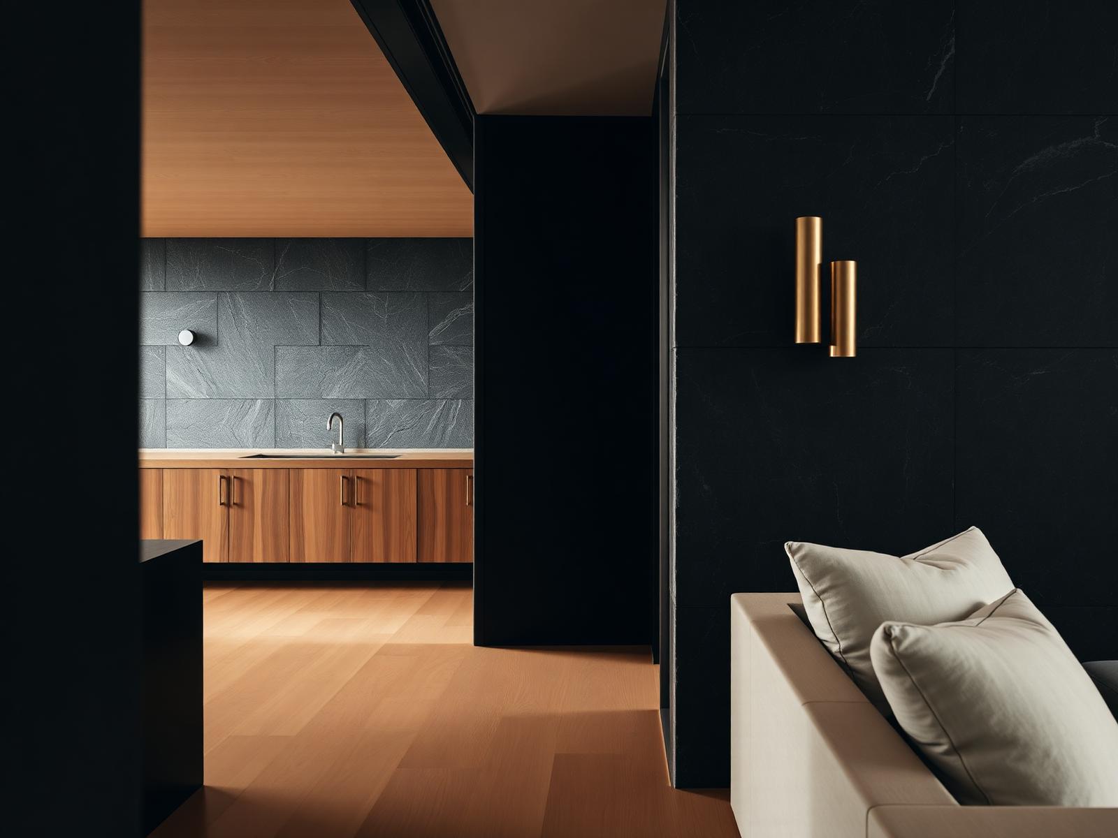 Black stone, warm wood and brass detail of luxury interior