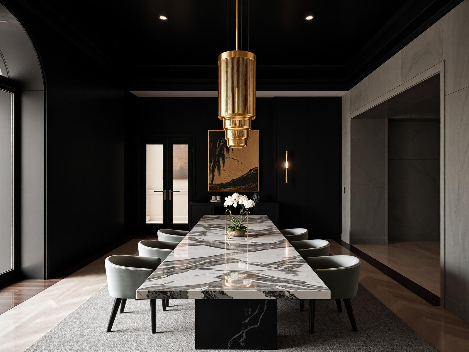Marble dining room with brass pendant and dark walls